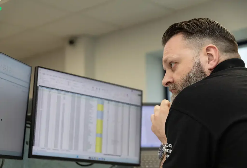 man in an office inspecting a list of projects on computer screen