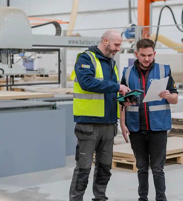 Fire Door Inspection Solutions checking manufacturing specifications at Integrated Doorsets factory.