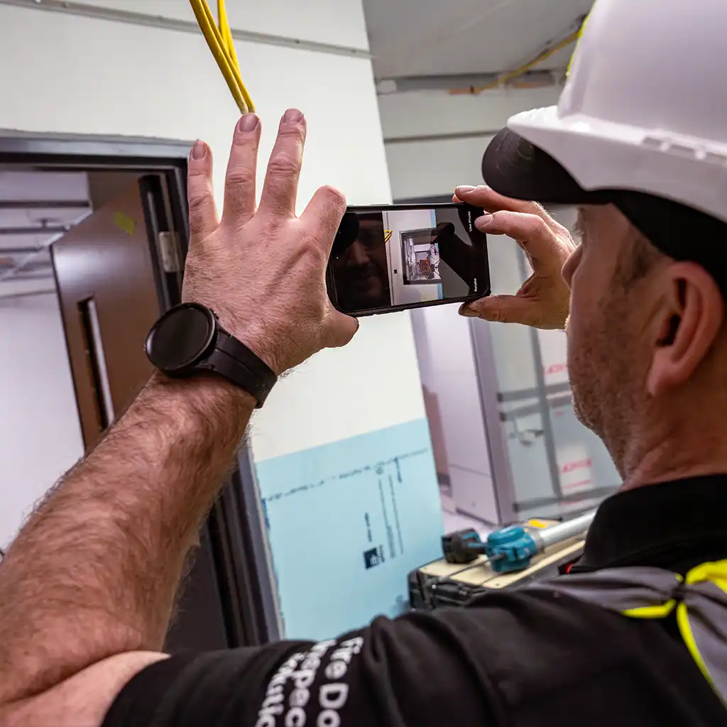 fire door inspector taking photograph of fire door