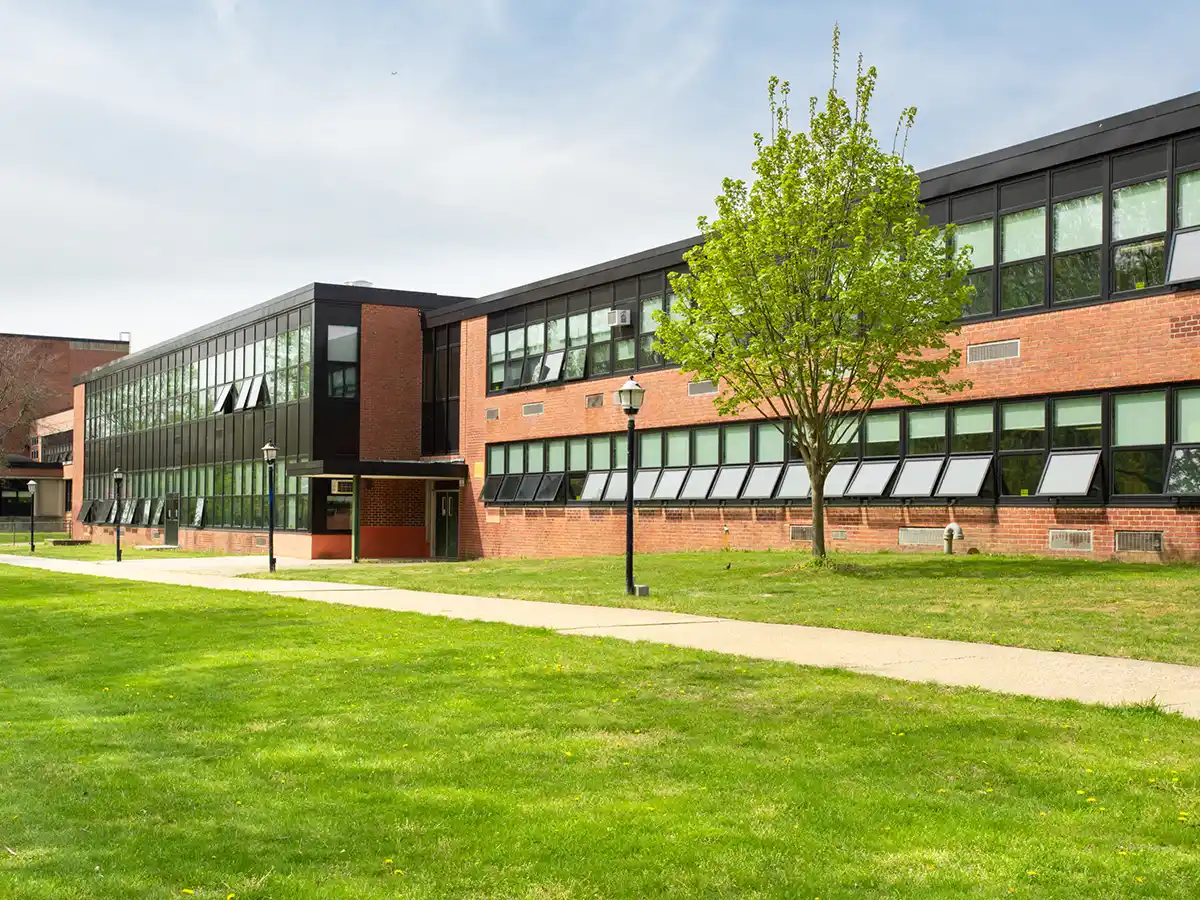 Modern school building with greenery.